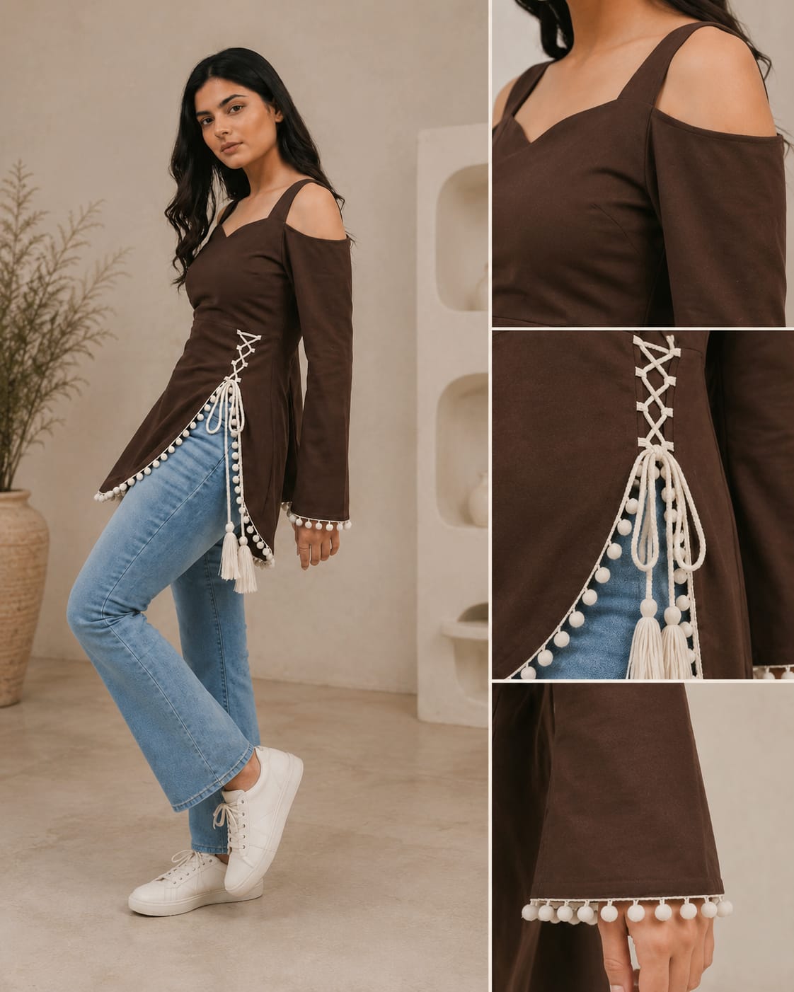 women's trendy brown cold shoulder kurti