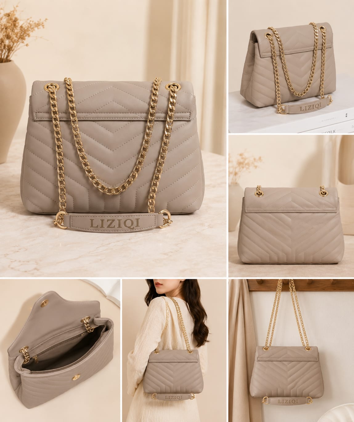 Women’s Stylish Taupe Chevron Sling Bag with Gold Chain Strap | Casual & Party Wear Handbag