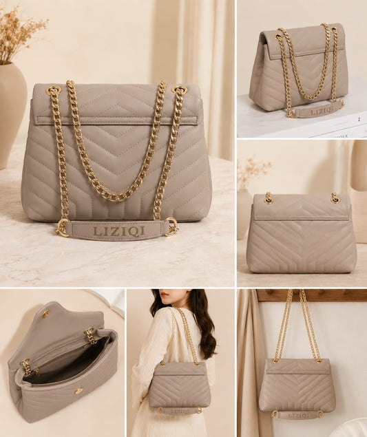 Women’s Stylish Taupe Chevron Sling Bag with Gold Chain Strap | Casual & Party Wear Handbag
