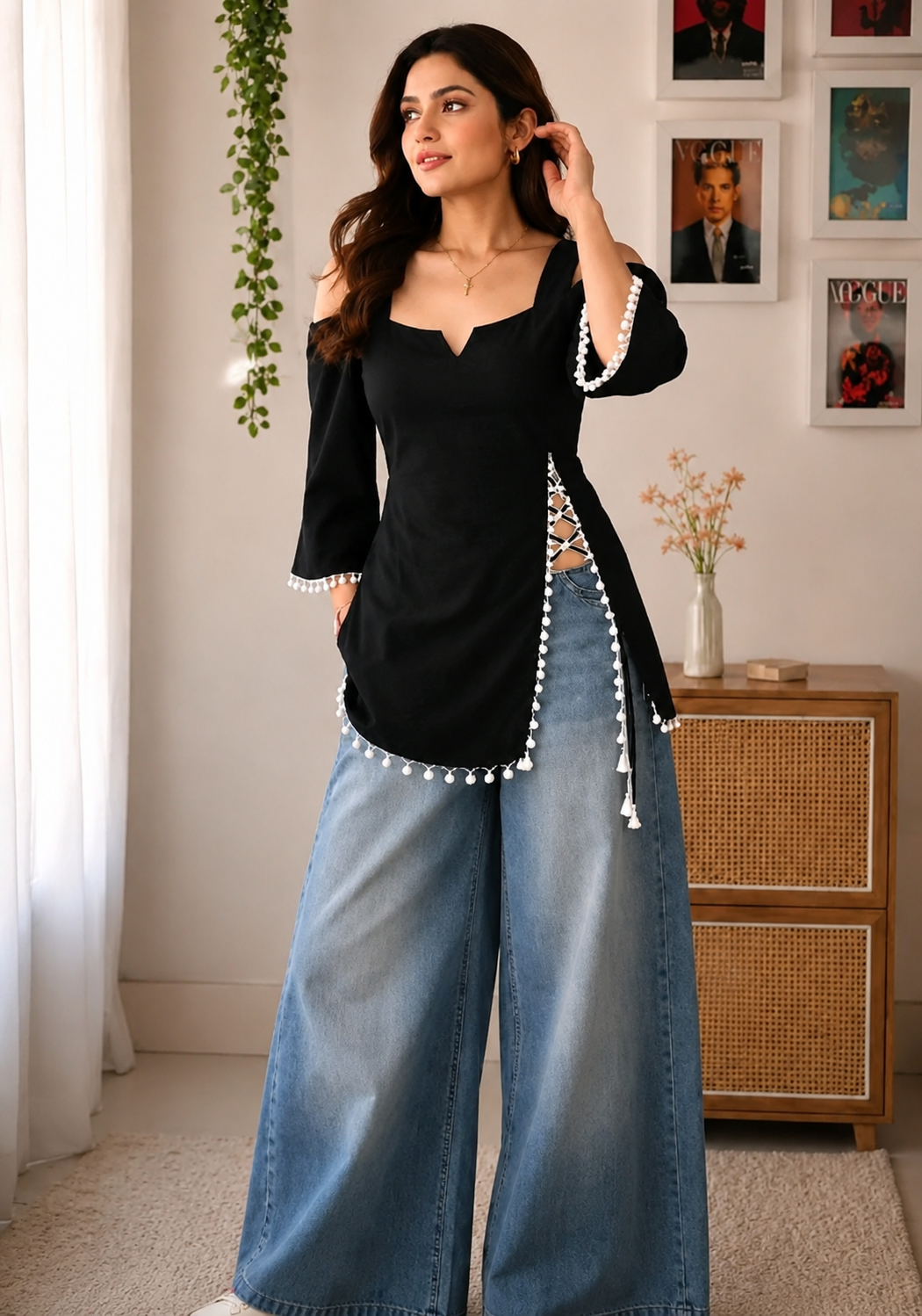 Women’s Trendy Black Cold Shoulder Top with Lace-Up & Pom Pom Detailing