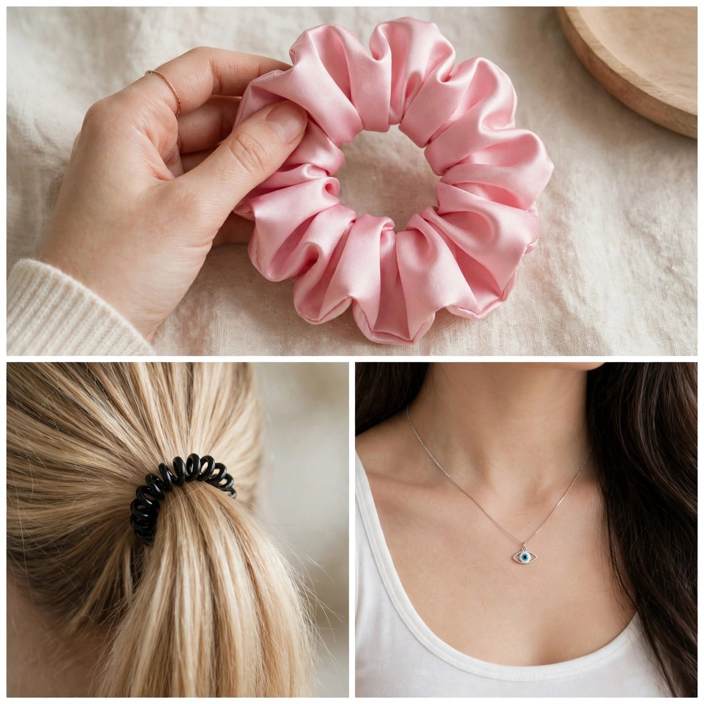Women's Pink Gift Box Set 5-in-1 - Flower Claw Clip, Satin Scrunchie, Evil Eye Necklace, Spiral Hair Tie, Crystal Bracelet | Birthday Gift for Girls, Girlfriend, Sister, Best Friend