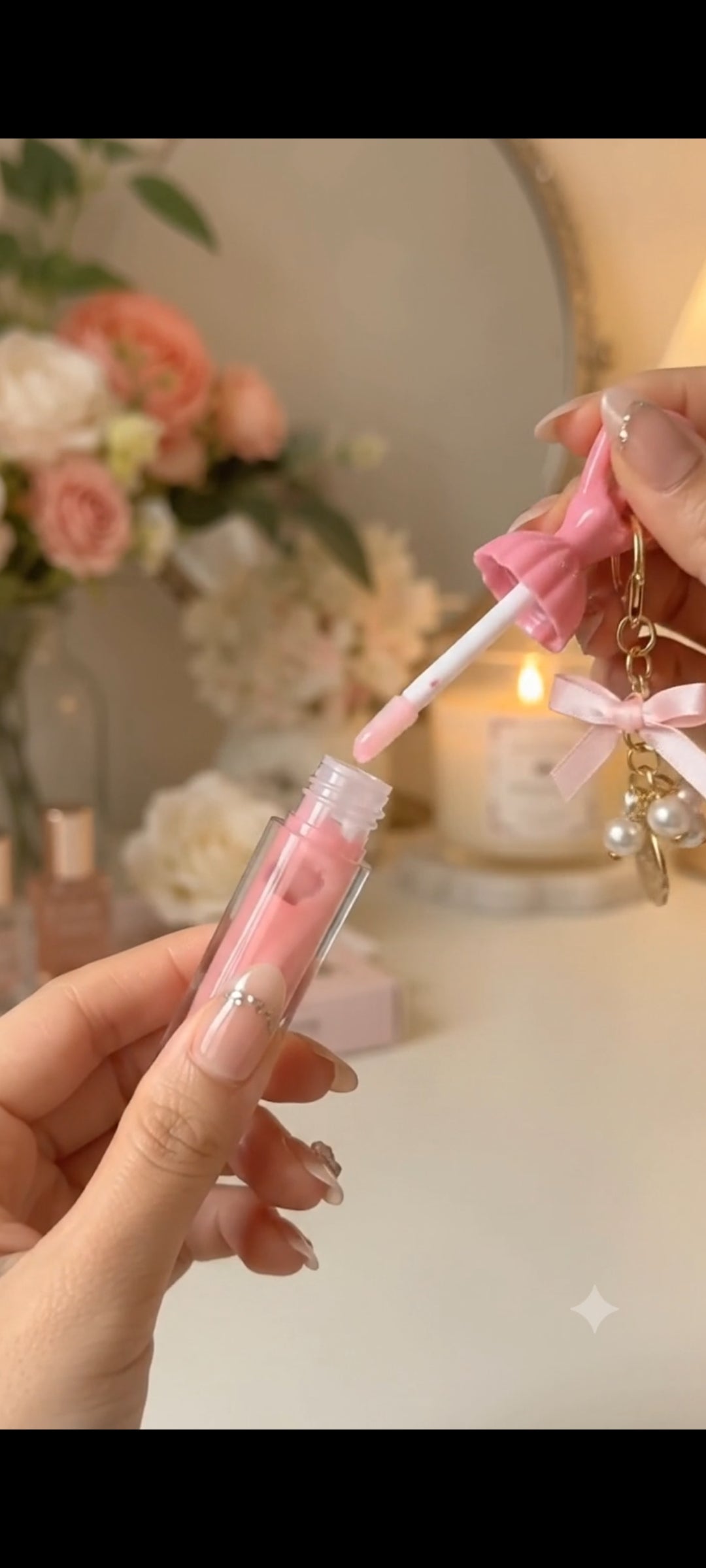 Ballerina Doll Lip Gloss with Pearl Bow Keychain - Cute Korean Pink Lip Oil, Moisturizing & Glossy Lip Balm for Girls