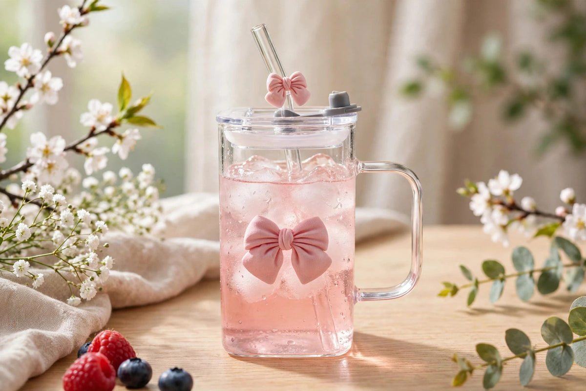 Cute Pink Bow Glass Sipper Mug with Lid & Glass Straw 400ML | Square Transparent Juice Glass | Iced Coffee Cup, Milkshake Glass | Aesthetic Gift for Girls