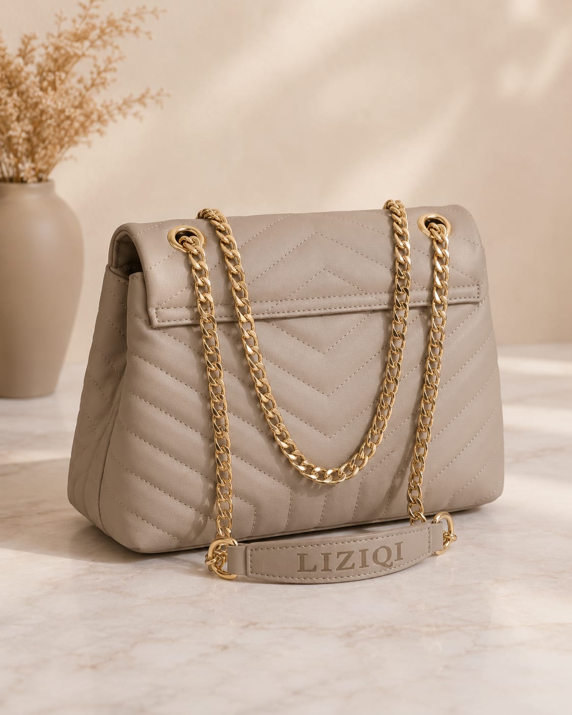 Women’s Stylish Taupe Chevron Sling Bag with Gold Chain Strap | Casual & Party Wear Handbag