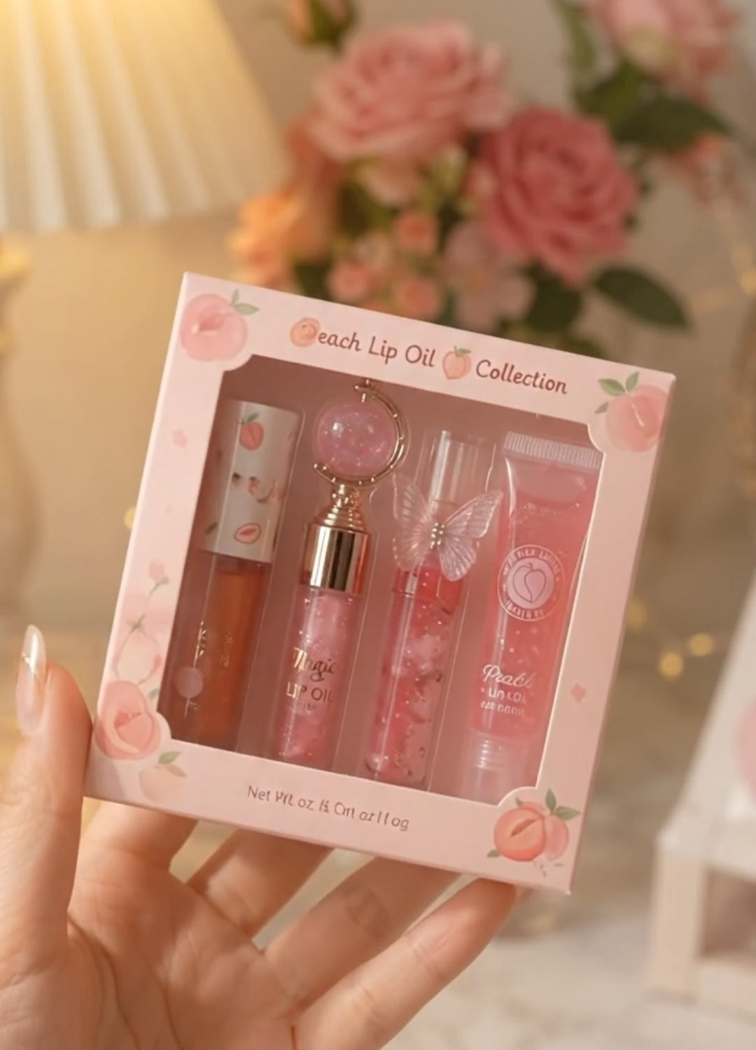 Cute 4-in-1 Korean Lip Gloss Combo for Girls - Butterfly Lipgloss + Magic Globe Lip Oil + Peach Tint + Tube Lip Gloss | Glossy & Moisturizing