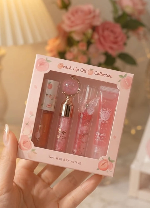Cute 4-in-1 Korean Lip Gloss Combo for Girls - Butterfly Lipgloss + Magic Globe Lip Oil + Peach Tint + Tube Lip Gloss | Glossy & Moisturizing