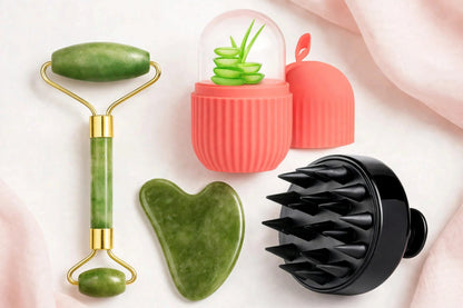 4-in-1 Glow Combo @ ₹399 - Jade Roller + Gua Sha + Ice Roller + Scalp Massager