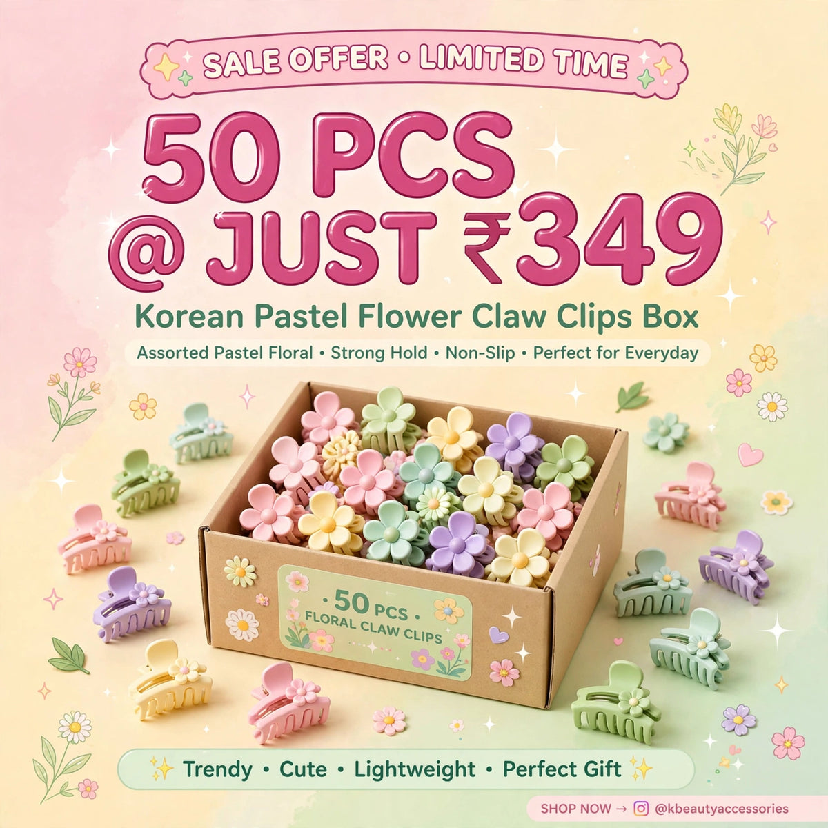 Korean Pastel Flower Claw Clips - 50 Pcs Cute Mini Box | Strong Hold | Trendy Hair Accessories For Girls