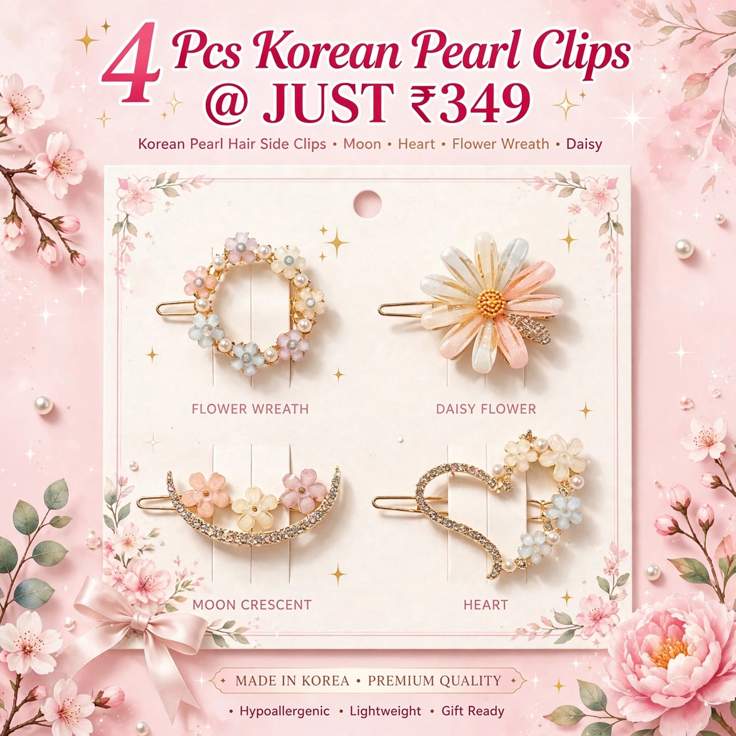 Korean Pearl Side Clips - 4 Pcs Gift Box @ ₹349 | Cute Hair Pins For Girls