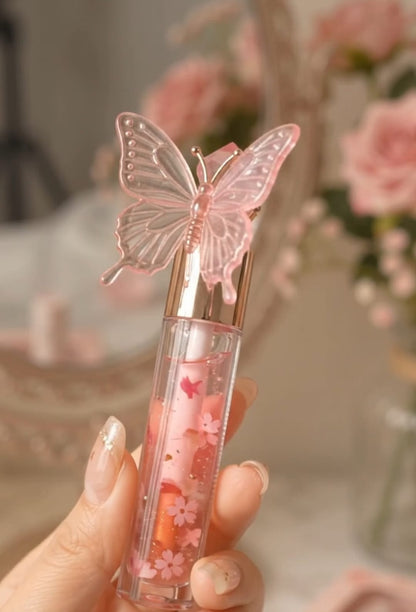 Cute 4-in-1 Korean Lip Gloss Combo for Girls - Butterfly Lipgloss + Magic Globe Lip Oil + Peach Tint + Tube Lip Gloss | Glossy & Moisturizing