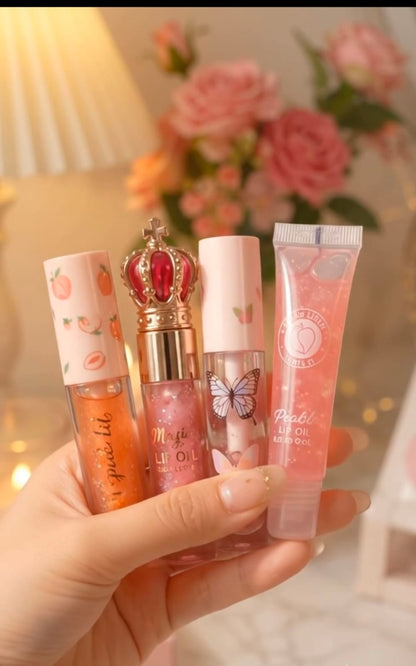 Cute 4-in-1 Korean Lip Gloss Combo for Girls - Butterfly Lipgloss + Magic Globe Lip Oil + Peach Tint + Tube Lip Gloss | Glossy & Moisturizing
