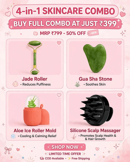 4-in-1 Glow Combo @ ₹399 - Jade Roller + Gua Sha + Ice Roller + Scalp Massager