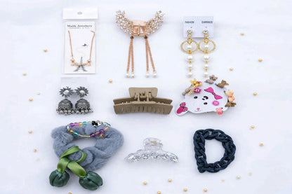 10 in 1 Girls Jewellery & Hair Accessories Gift Box Combo - Necklace, Earrings, Jhumka, Claw Clips, Scrunchies, Bracelet | Birthday Gift Hamper for Sister, Best Friend, Girlfriend