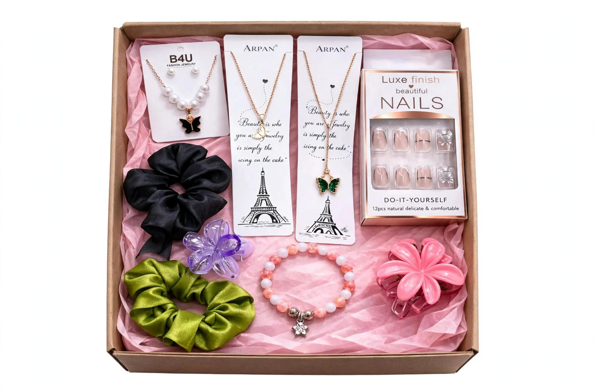 9 in 1 Girls Gift Box Combo - Butterfly Necklace Set, False Nails, Scrunchies, Flower Claw Clips & Beaded Bracelet | Birthday Gift Hamper for Girls, Sister, Best Friend, Girlfriend