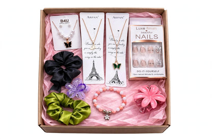 9 in 1 Girls Gift Box Combo - Butterfly Necklace Set, False Nails, Scrunchies, Flower Claw Clips & Beaded Bracelet | Birthday Gift Hamper for Girls, Sister, Best Friend, Girlfriend