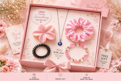 Women's Pink Gift Box Set 5-in-1 - Flower Claw Clip, Satin Scrunchie, Evil Eye Necklace, Spiral Hair Tie, Crystal Bracelet | Birthday Gift for Girls, Girlfriend, Sister, Best Friend