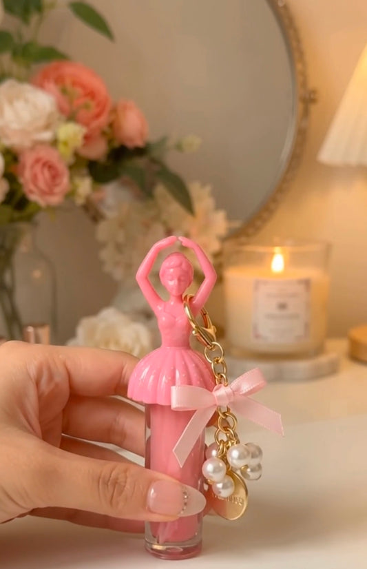 Ballerina Doll Lip Gloss with Pearl Bow Keychain - Cute Korean Pink Lip Oil, Moisturizing & Glossy Lip Balm for Girls