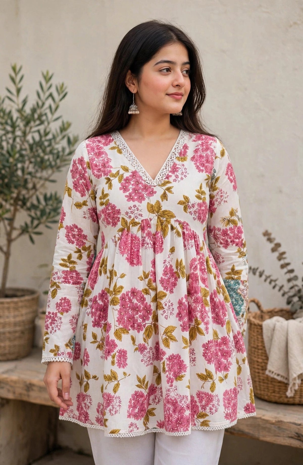 Women White Pink Floral Printed Cotton Anarkali Short Kurti Top | V-Neck Lace Work | Full Sleeves A-Line Peplum Kurta | Summer Daily Wear Tunic