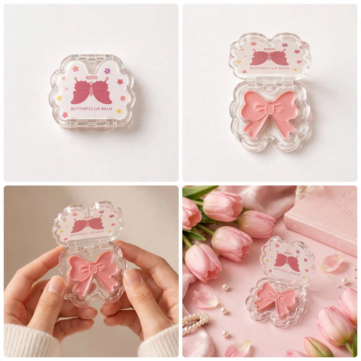 Cute Butterfly Bow Lip Balm for Girls - Korean Pink Moisturizing Lip Balm, Glossy & Hydrating Compact for Dry Lips