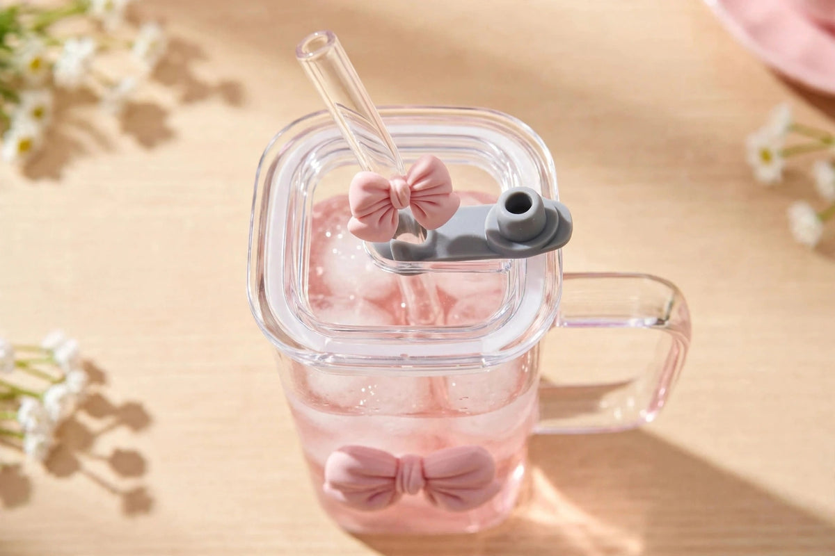 Cute Pink Bow Glass Sipper Mug with Lid & Glass Straw 400ML | Square Transparent Juice Glass | Iced Coffee Cup, Milkshake Glass | Aesthetic Gift for Girls