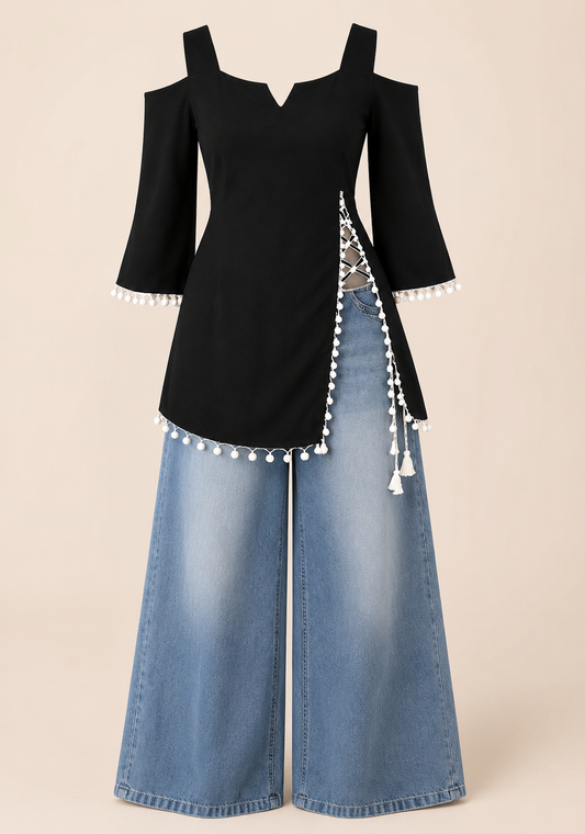 Women’s Trendy Black Cold Shoulder Top with Lace-Up & Pom Pom Detailing
