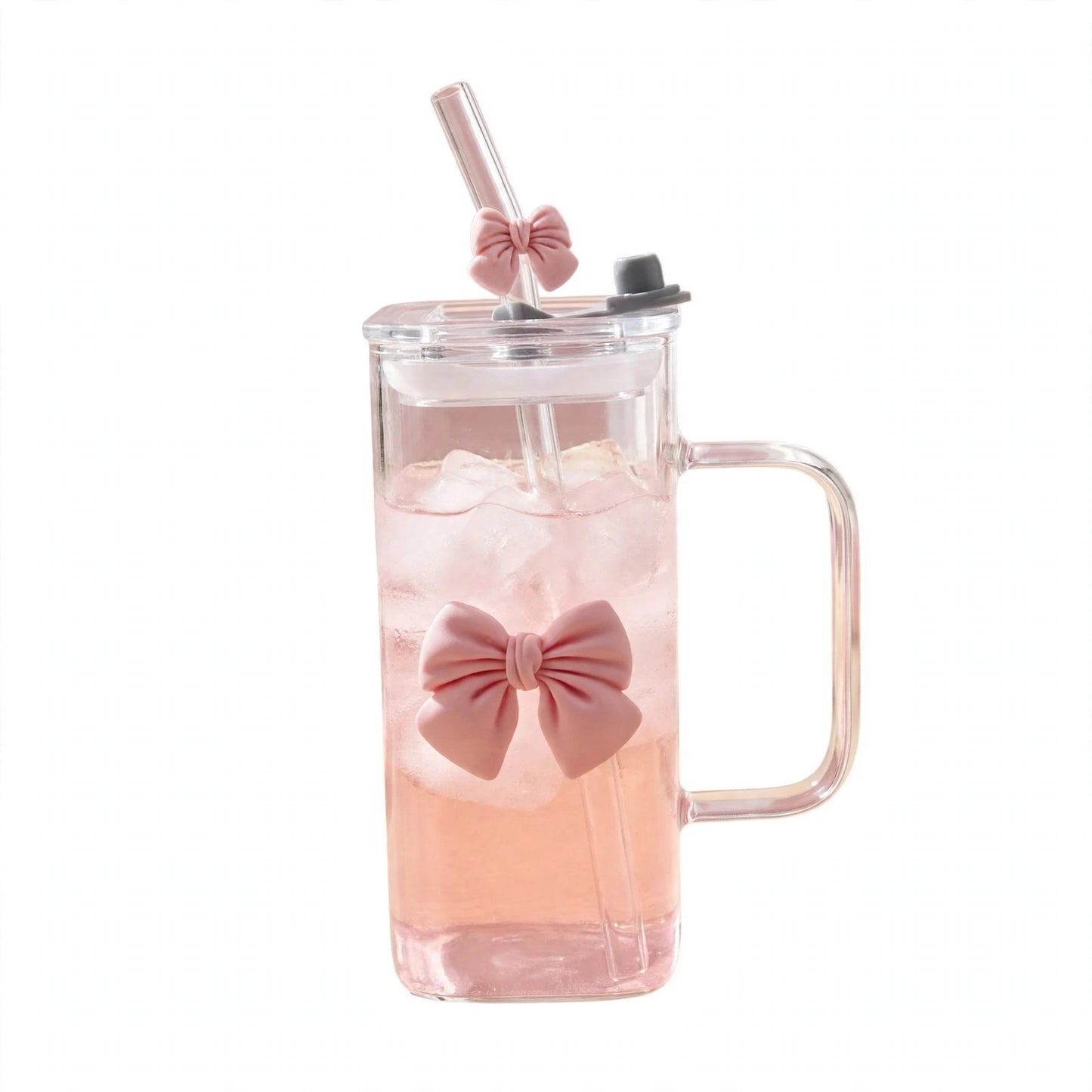 Cute Pink Bow Glass Sipper Mug with Lid & Glass Straw 400ML | Square Transparent Juice Glass | Iced Coffee Cup, Milkshake Glass | Aesthetic Gift for Girls