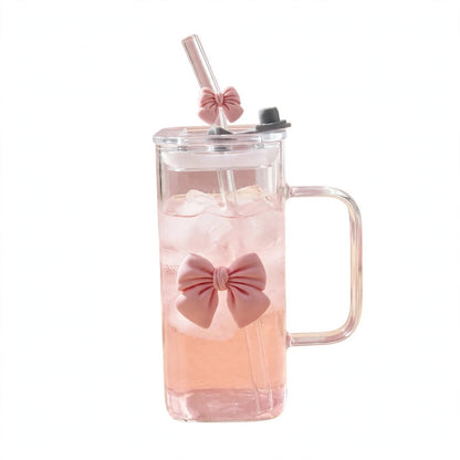 Cute Pink Bow Glass Sipper Mug with Lid & Glass Straw 400ML | Square Transparent Juice Glass | Iced Coffee Cup, Milkshake Glass | Aesthetic Gift for Girls