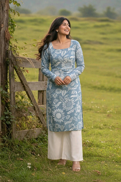 Women Dusty Blue Sunflower Floral Printed Cotton Kurta | Square Neck | Full Sleeves Long Straight Kurta | Summer Daily Wear Office Kurti