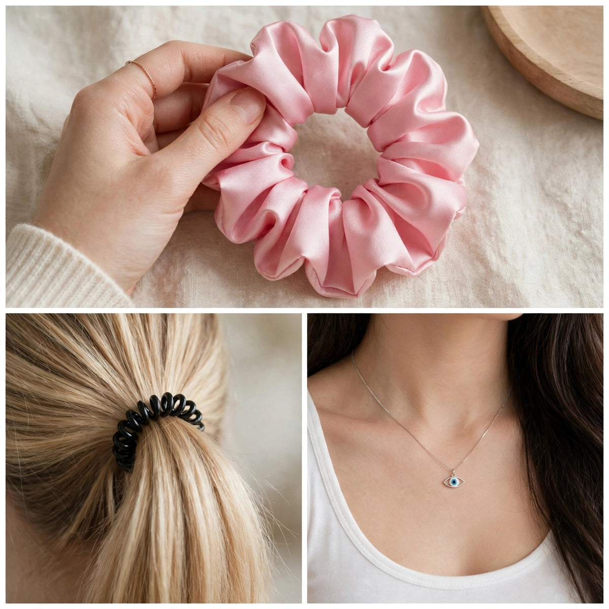Women's Pink Gift Box Set 5-in-1 - Flower Claw Clip, Satin Scrunchie, Evil Eye Necklace, Spiral Hair Tie, Crystal Bracelet | Birthday Gift for Girls, Girlfriend, Sister, Best Friend