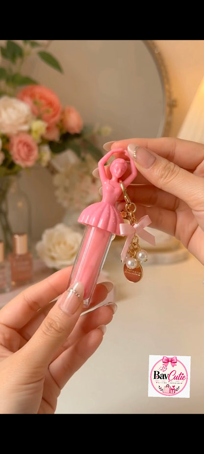 Ballerina Doll Lip Gloss with Pearl Bow Keychain - Cute Korean Pink Lip Oil, Moisturizing & Glossy Lip Balm for Girls