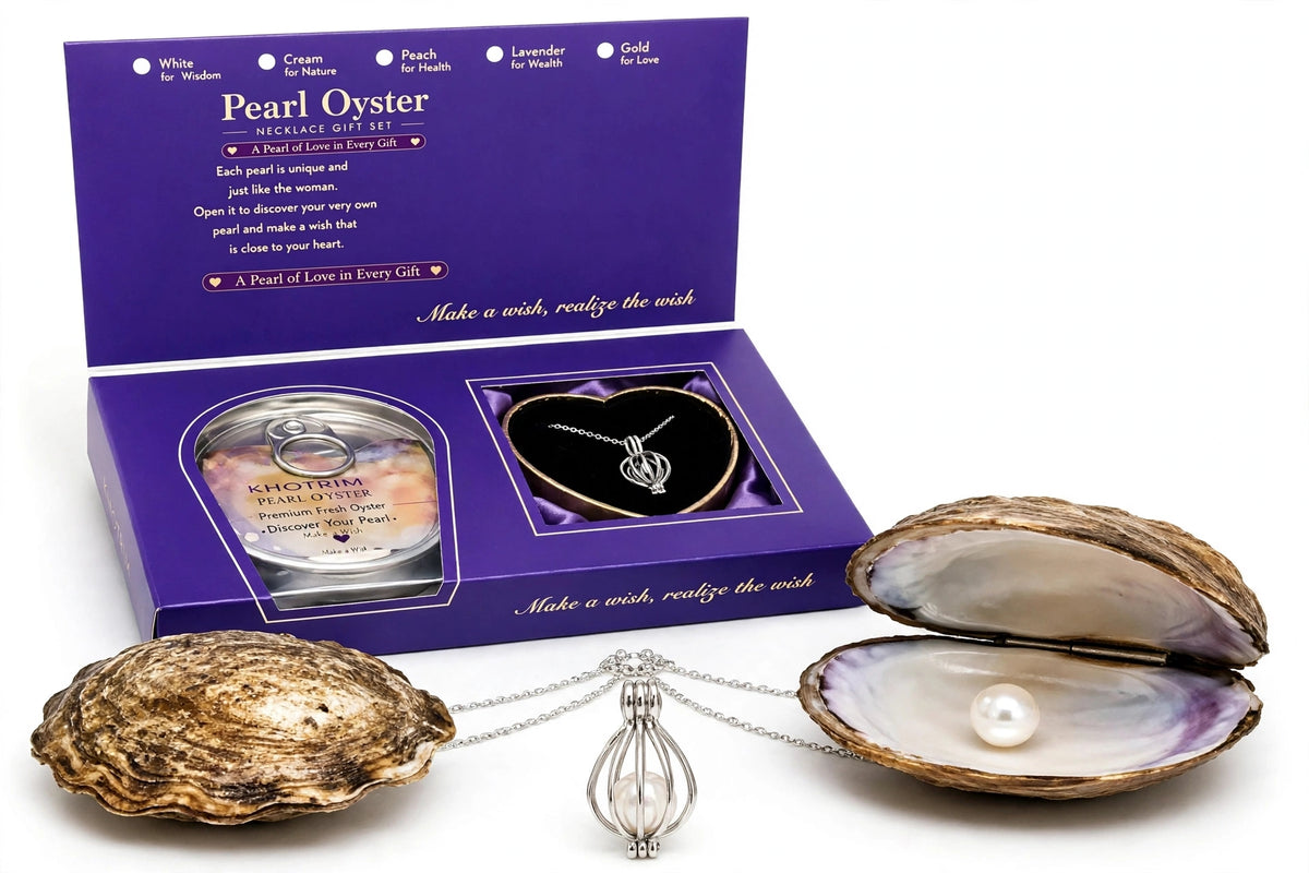 KHOTRIM Pearl Oyster Necklace Gift Set for Women - Real Pearl Oyster in Can, Cage Pendant, Silver Chain | Wish Pearl Gift Box | Birthday Anniversary Valentine Gift for Girlfriend Wife Sister