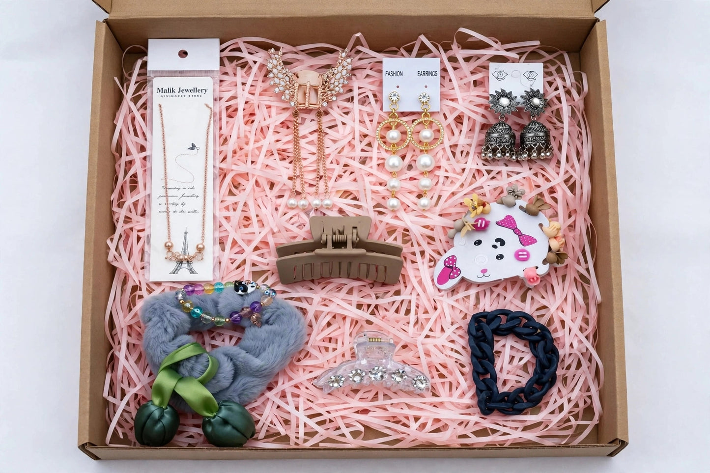 10 in 1 Girls Jewellery & Hair Accessories Gift Box Combo - Necklace, Earrings, Jhumka, Claw Clips, Scrunchies, Bracelet | Birthday Gift Hamper for Sister, Best Friend, Girlfriend
