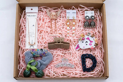 10 in 1 Girls Jewellery & Hair Accessories Gift Box Combo - Necklace, Earrings, Jhumka, Claw Clips, Scrunchies, Bracelet | Birthday Gift Hamper for Sister, Best Friend, Girlfriend