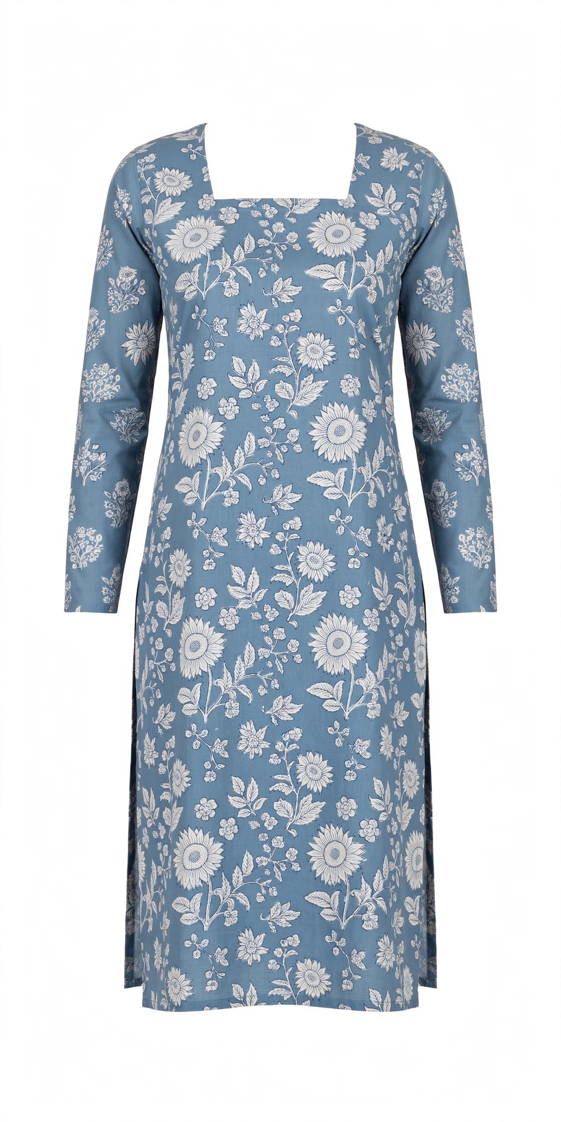 Women Dusty Blue Sunflower Floral Printed Cotton Kurta | Square Neck | Full Sleeves Long Straight Kurta | Summer Daily Wear Office Kurti