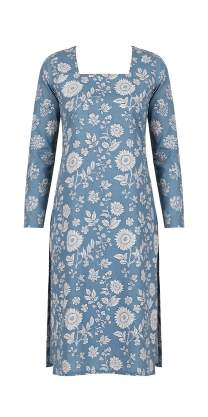 Women Dusty Blue Sunflower Floral Printed Cotton Kurta | Square Neck | Full Sleeves Long Straight Kurta | Summer Daily Wear Office Kurti
