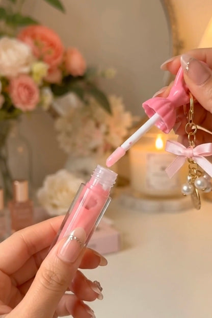 Ballerina Doll Lip Gloss with Pearl Bow Keychain - Cute Korean Pink Lip Oil, Moisturizing & Glossy Lip Balm for Girls