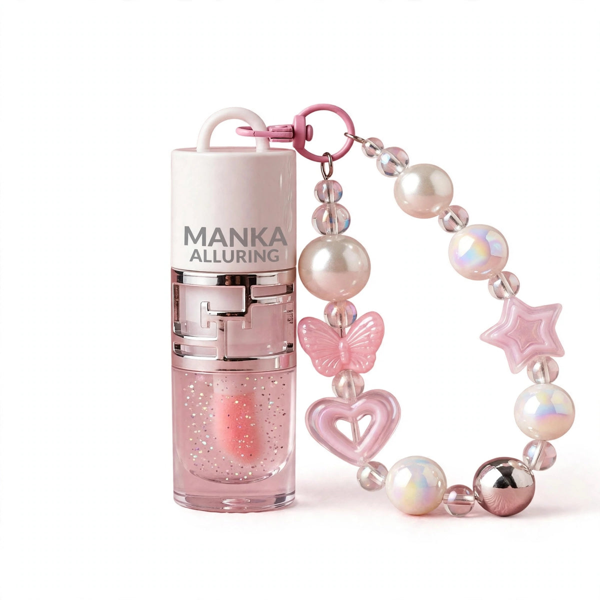 MANKA ALLURING Cute Lip Gloss with Pearl Keychain - Korean Glitter Lip Oil, Moisturizing Pink Lip Gloss with Butterfly Star Heart Charms, Bag Charm