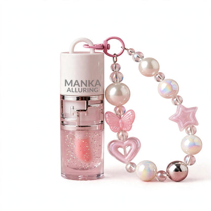 MANKA ALLURING Cute Lip Gloss with Pearl Keychain - Korean Glitter Lip Oil, Moisturizing Pink Lip Gloss with Butterfly Star Heart Charms, Bag Charm