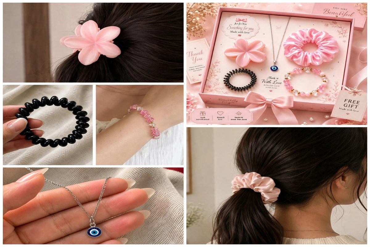 Women's Pink Gift Box Set 5-in-1 - Flower Claw Clip, Satin Scrunchie, Evil Eye Necklace, Spiral Hair Tie, Crystal Bracelet | Birthday Gift for Girls, Girlfriend, Sister, Best Friend