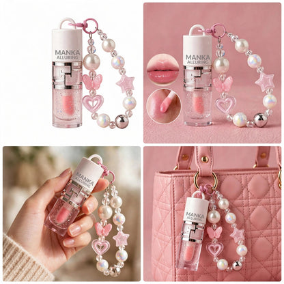 MANKA ALLURING Cute Lip Gloss with Pearl Keychain - Korean Glitter Lip Oil, Moisturizing Pink Lip Gloss with Butterfly Star Heart Charms, Bag Charm