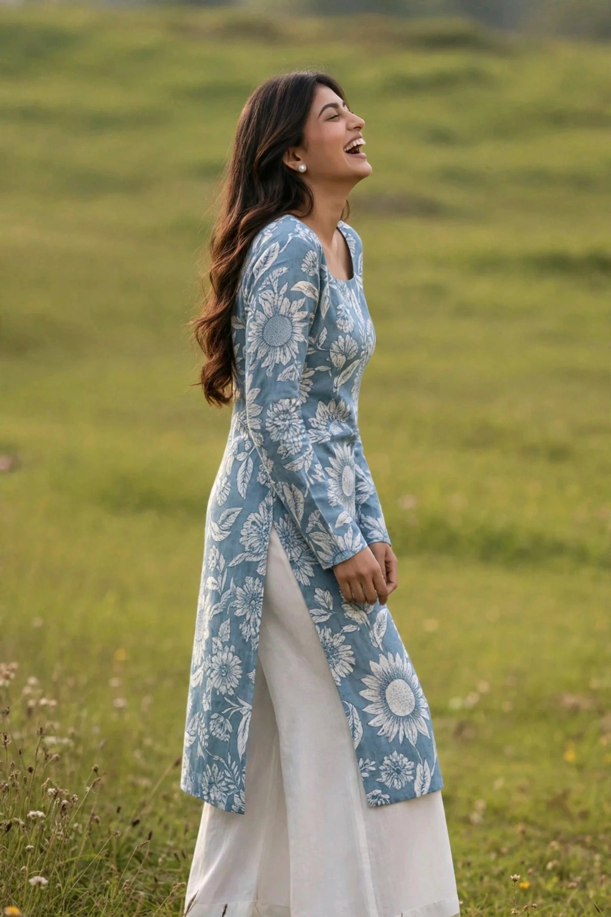 Women Dusty Blue Sunflower Floral Printed Cotton Kurta | Square Neck | Full Sleeves Long Straight Kurta | Summer Daily Wear Office Kurti