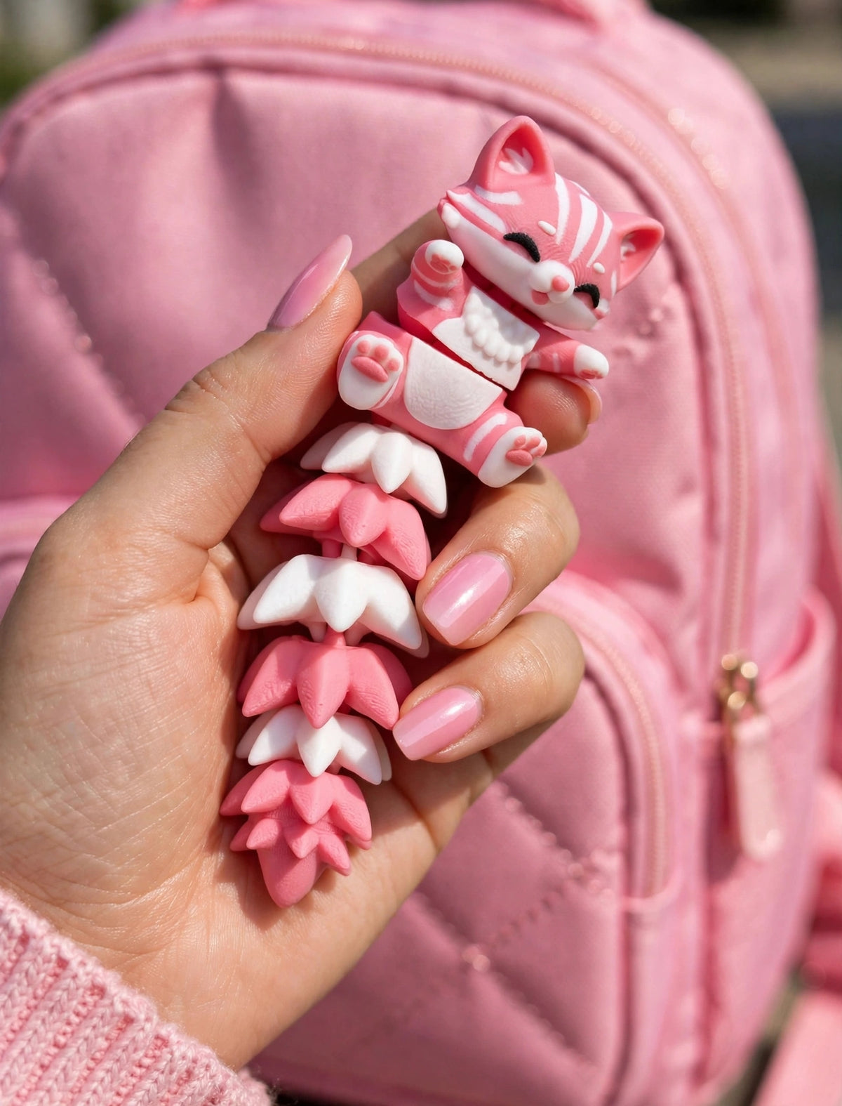 Cute Pink Cat Keychain with Flower Tail | Flexible 3D Articulated Kitty Bag Charm | Kawaii Pink White Cat Key Ring for Girls | Backpack Pendant