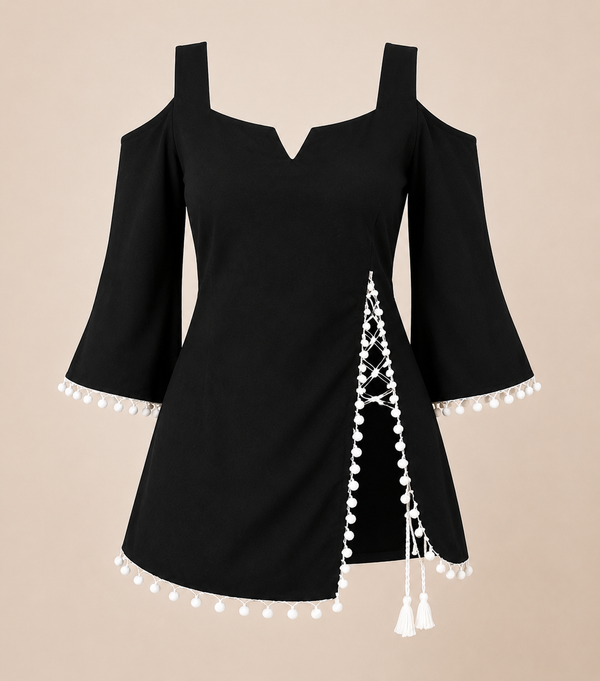 Women’s Trendy Black Cold Shoulder Top with Lace-Up & Pom Pom Detailing