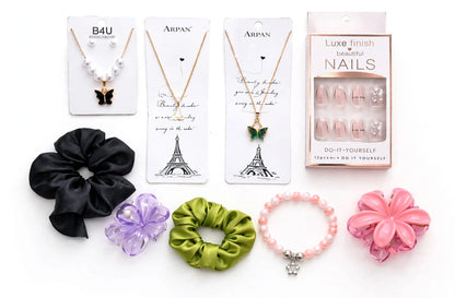 9 in 1 Girls Gift Box Combo - Butterfly Necklace Set, False Nails, Scrunchies, Flower Claw Clips & Beaded Bracelet | Birthday Gift Hamper for Girls, Sister, Best Friend, Girlfriend